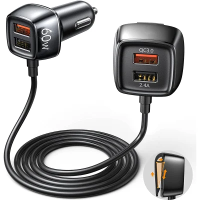 Cargador de coche USB de 4 puertos Carga rápida QC3.0 Cable de extensión de 5.6 pies Grabadora de conducción de teléfono móvil Carga rápida